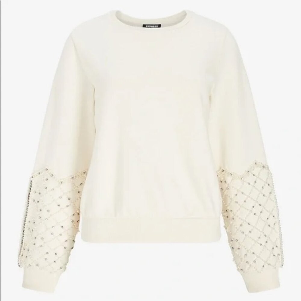 Express Embellished Ivory Sweatshirt Top XL
